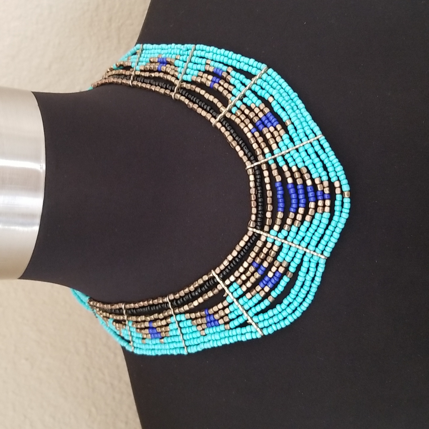 Multi Bead Gold Blue Black Bib Necklace